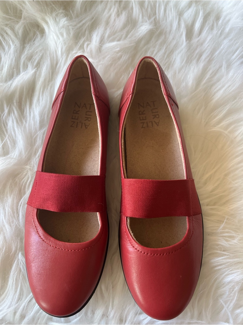 Naturalizer LEATHER Cherry Red Mary Jane Flats with Elastic Strap